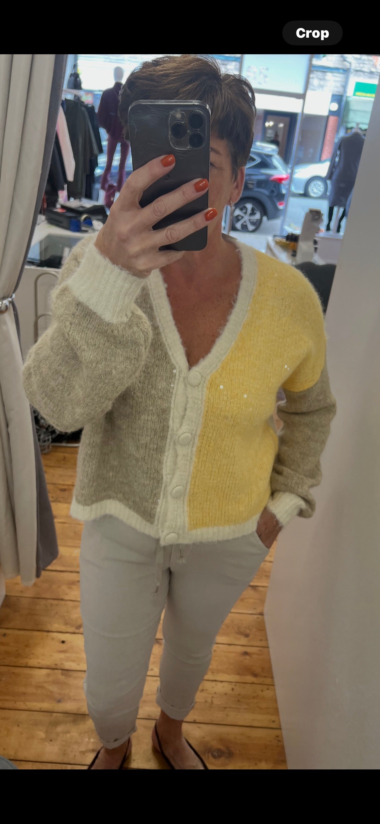 Chunky Knit Colour Block Design Button up Cardigan with Sequinned Front One Size image 0